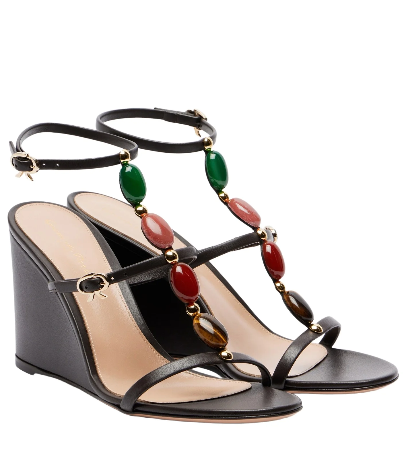 Embellished leather wedge sandals