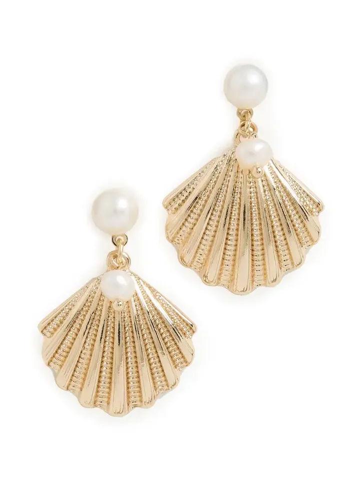 Scallop Shell and Pearl Earrings Gold
