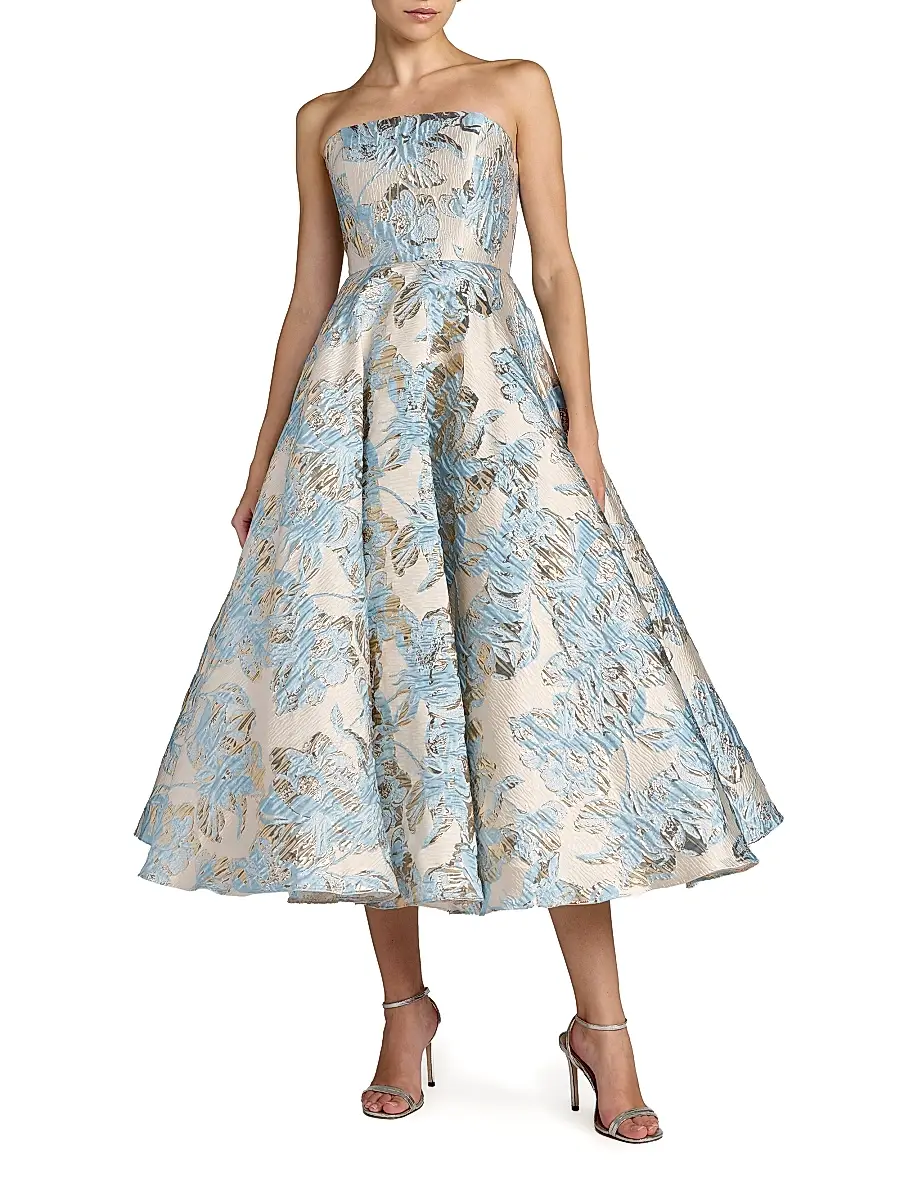 Mac Duggal Women's Strapless Floral Brocade Midi-Dress - Powder Blue | Image 1 Mac Duggal Women's Strapless Floral Brocade Midi-Dress - Powder Blue | Image 1