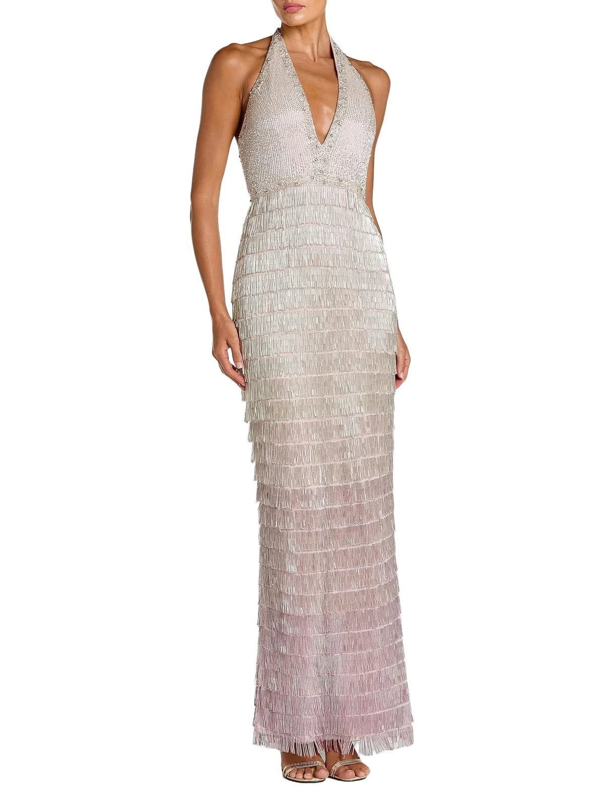 Mac Duggal Women's Beaded Fringed Halter Gown