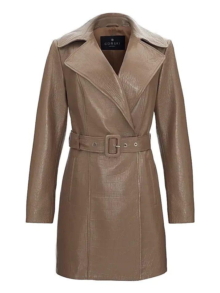 Women's Select Nappa Leather Croco Embossed Trench Coat, Belt