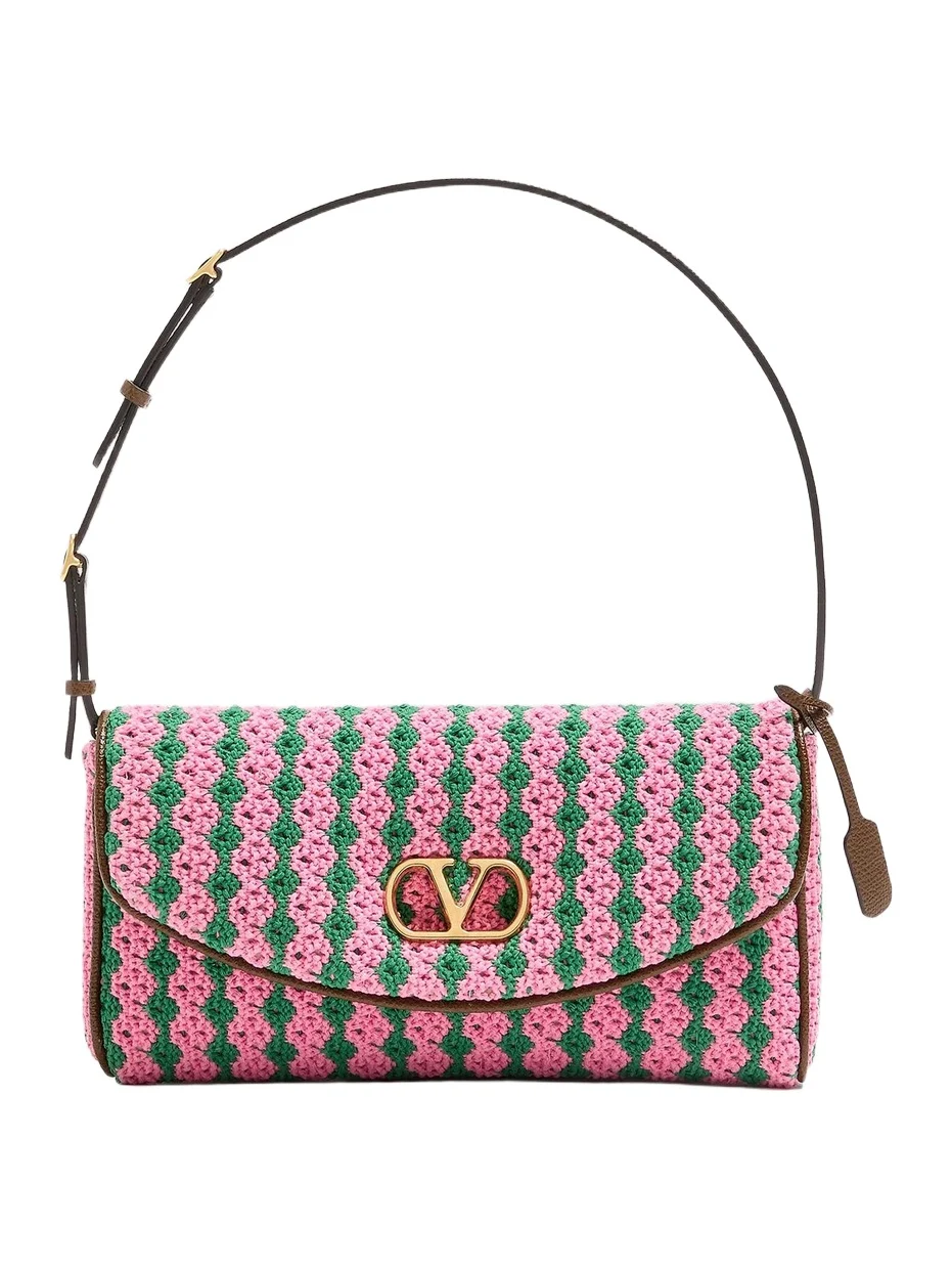 Women's Devain Small Shoulder Bag in Crochet Fabric - Pink Green Women's Devain Small Shoulder Bag in Crochet Fabric - Pink Green