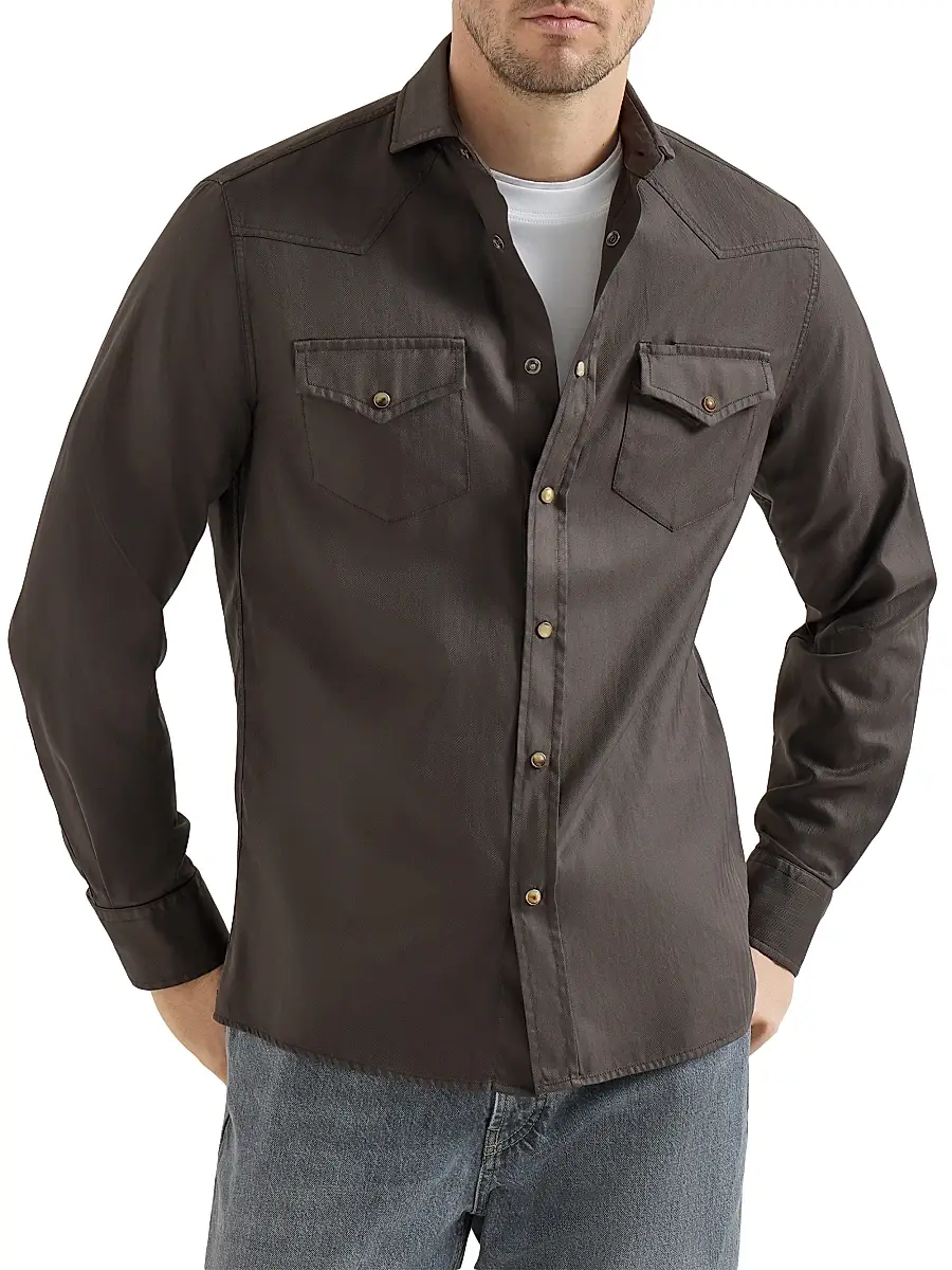 Brunello Cucinelli Men's Garment Dyed Easy Fit Western Shirt in Cotton Chevron - Brown | Thumbnail 2 Brunello Cucinelli Men's Garment Dyed Easy Fit Western Shirt in Cotton Chevron - Brown | Thumbnail 2