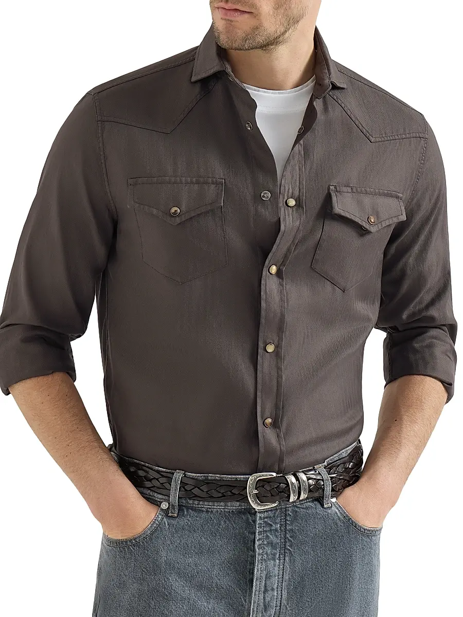 Brunello Cucinelli Men's Garment Dyed Easy Fit Western Shirt in Cotton Chevron - Brown | Thumbnail 3 Brunello Cucinelli Men's Garment Dyed Easy Fit Western Shirt in Cotton Chevron - Brown | Thumbnail 3