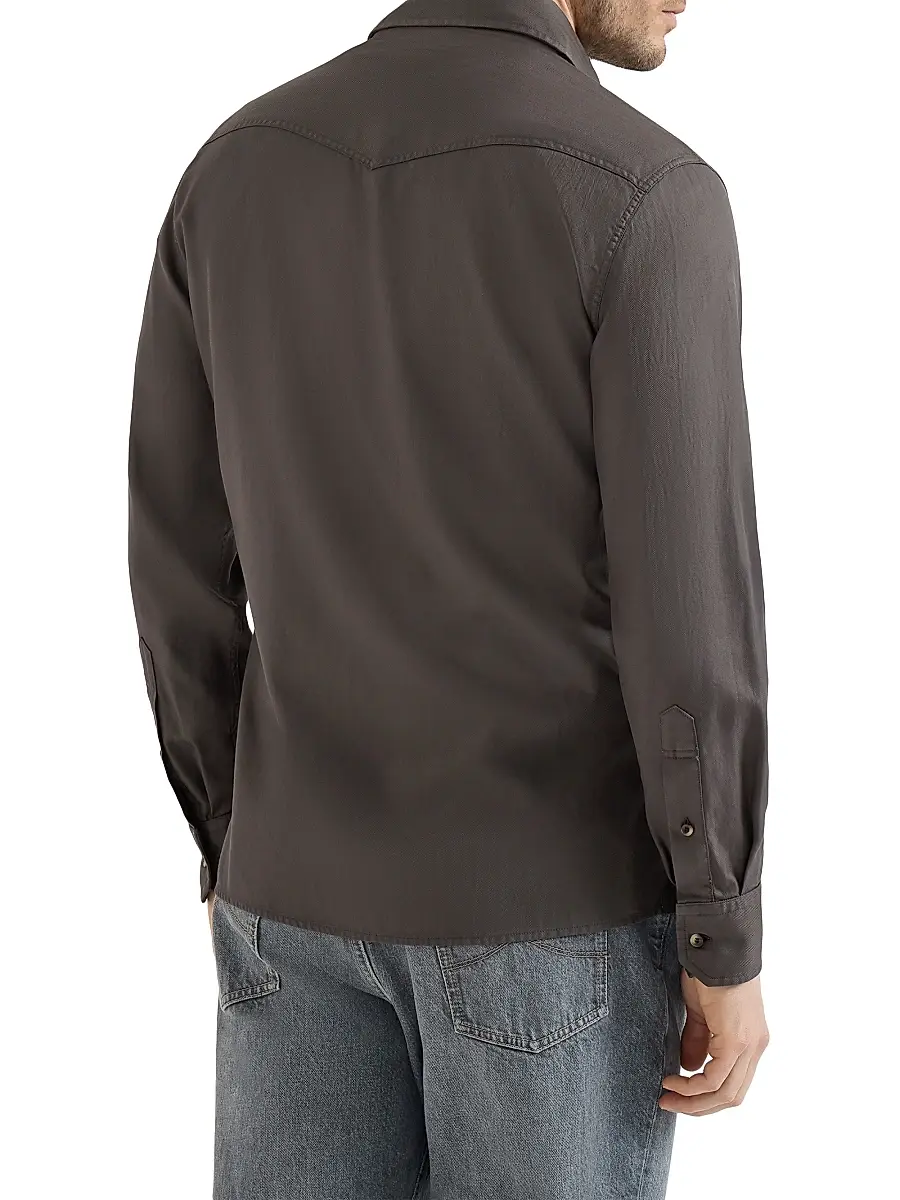Brunello Cucinelli Men's Garment Dyed Easy Fit Western Shirt in Cotton Chevron - Brown | Thumbnail 4 Brunello Cucinelli Men's Garment Dyed Easy Fit Western Shirt in Cotton Chevron - Brown | Thumbnail 4