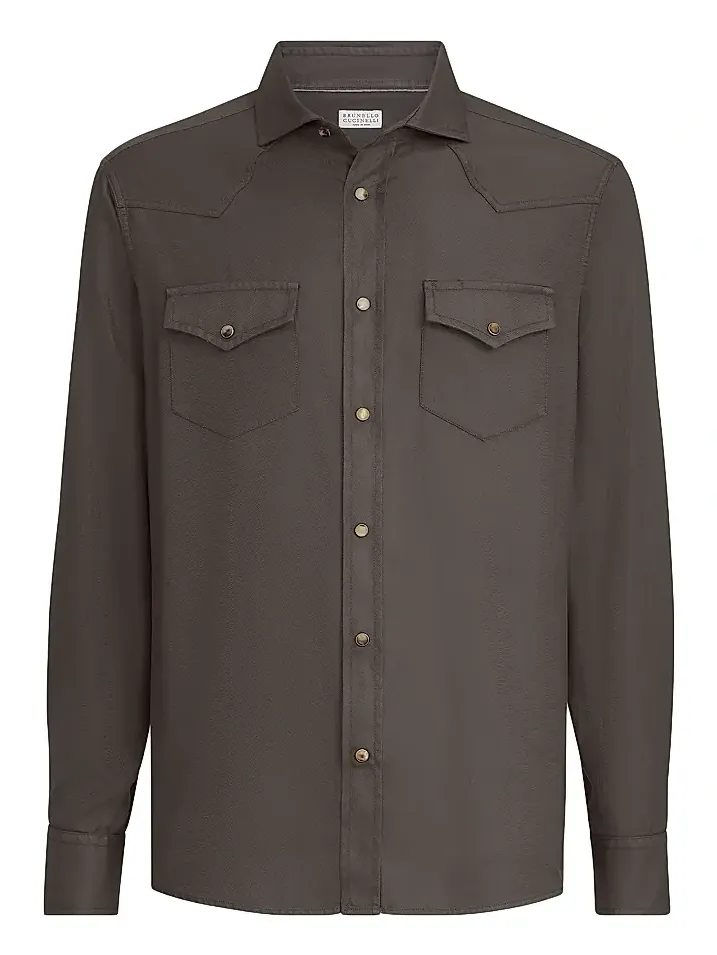 Men's Garment Dyed Easy Fit Western Shirt in Cotton Chevron - Brown Men's Garment Dyed Easy Fit Western Shirt in Cotton Chevron - Brown