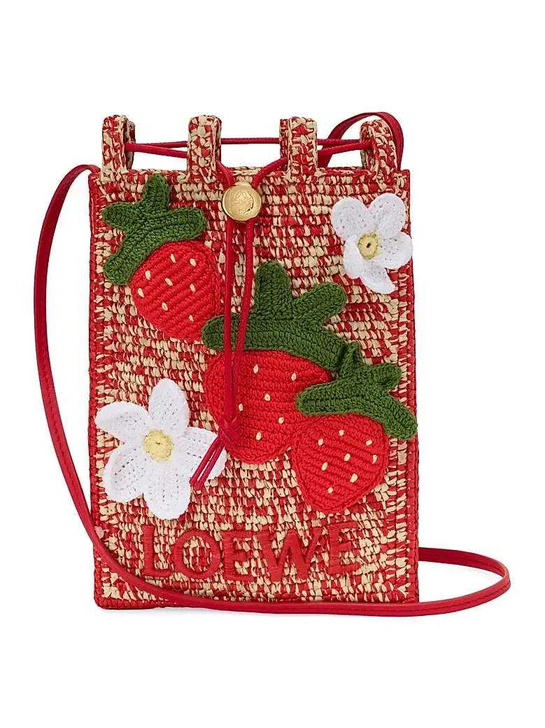 Loewe Women's x Paula's Ibiza Strawberry-Appliqué Raffia Drawstring Pouch