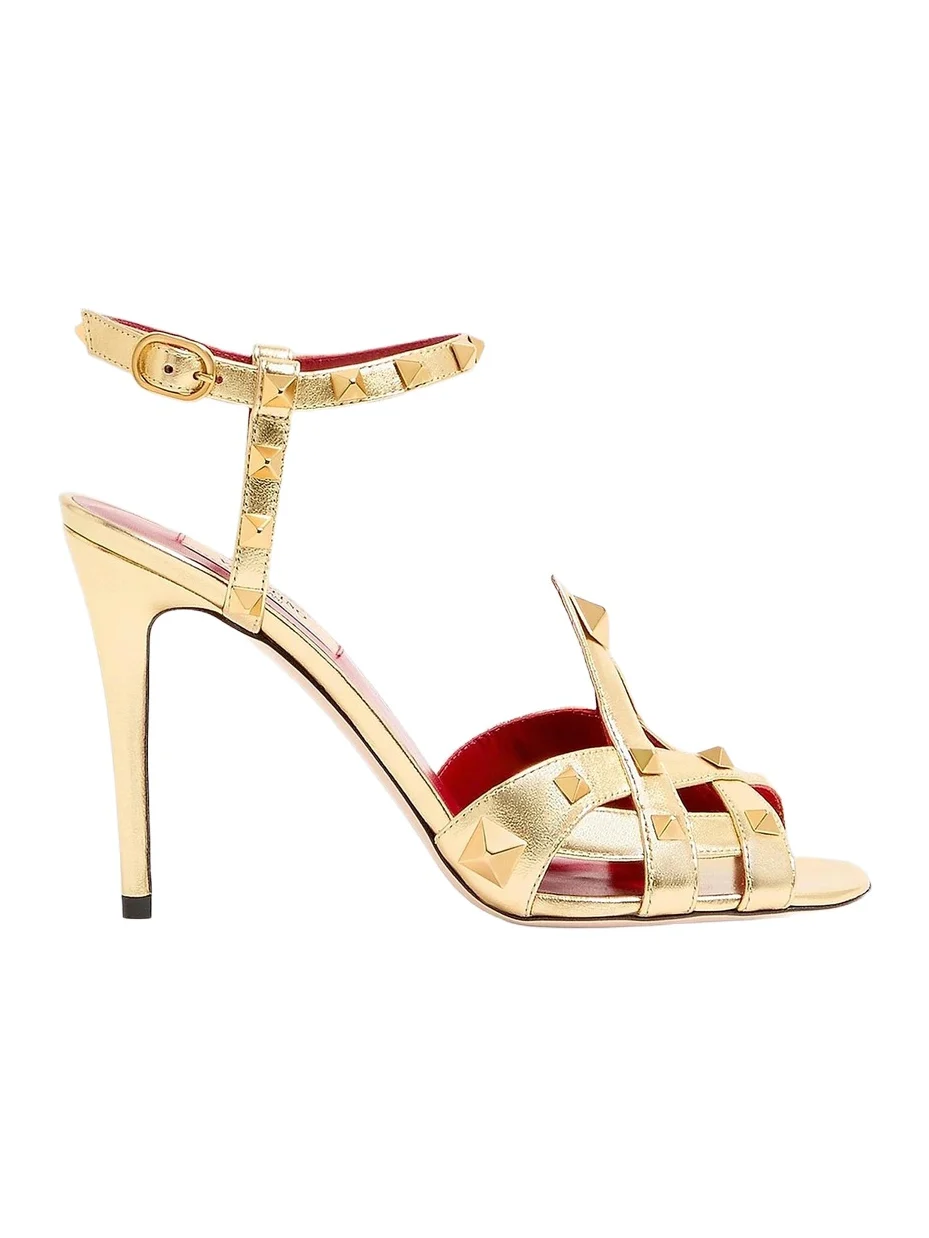 Valentino Women's Studdy 100MM Sandals in Laminated Nappa - Antique Brass