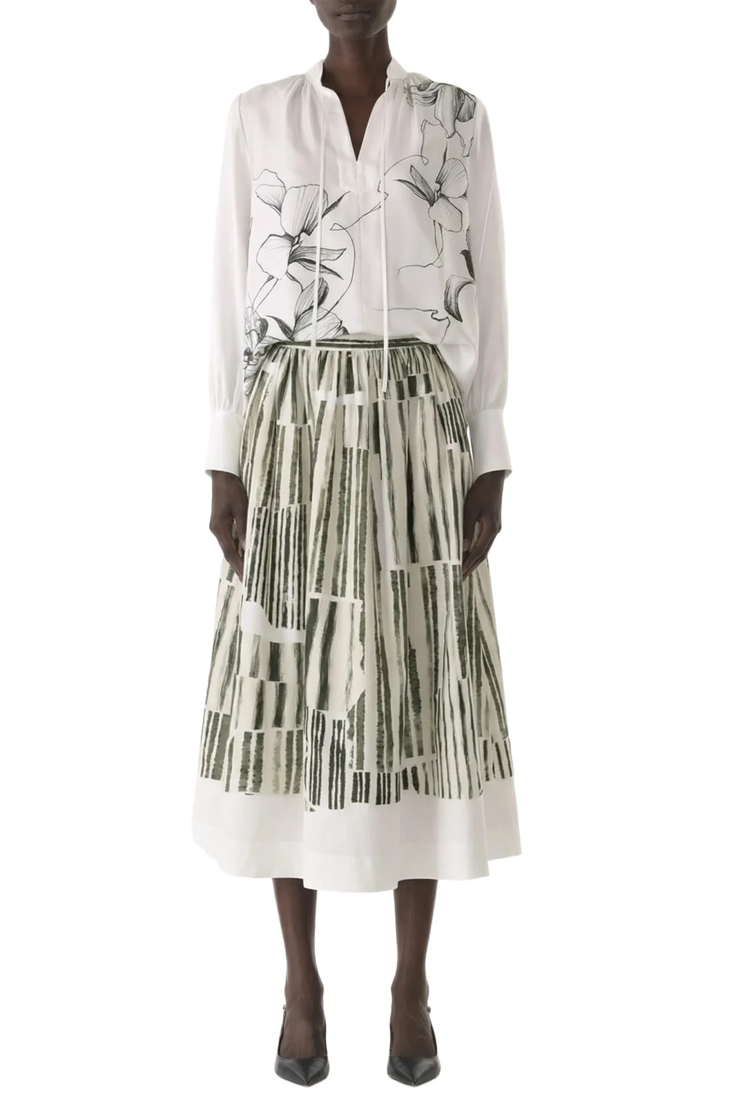 STRIPE COLLAGE STRETCH COTTON MIDI SKIRT STRIPE COLLAGE STRETCH COTTON MIDI SKIRT