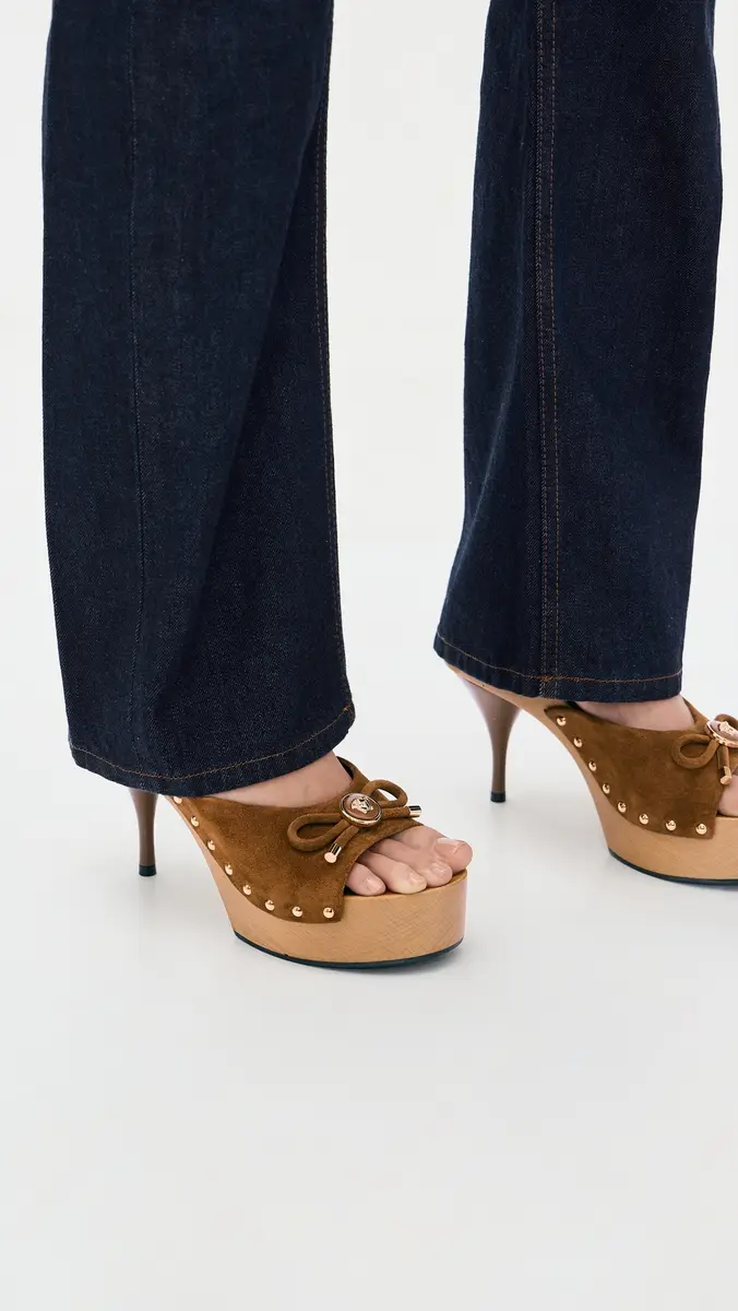 Versace Opera Bow Suede Clogs 1NI0V/Spice Brown/ Gold | Thumbnail 3 Versace Opera Bow Suede Clogs 1NI0V/Spice Brown/ Gold | Thumbnail 3