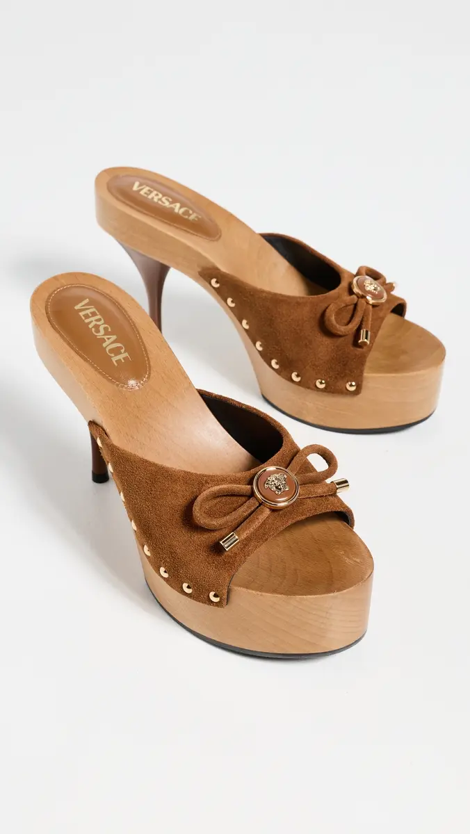 Versace Opera Bow Suede Clogs 1NI0V/Spice Brown/ Gold | Thumbnail 5 Versace Opera Bow Suede Clogs 1NI0V/Spice Brown/ Gold | Thumbnail 5