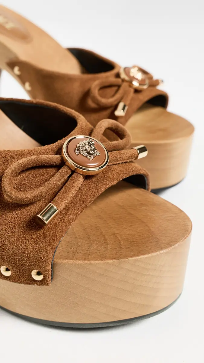 Versace Opera Bow Suede Clogs 1NI0V/Spice Brown/ Gold | Thumbnail 6 Versace Opera Bow Suede Clogs 1NI0V/Spice Brown/ Gold | Thumbnail 6