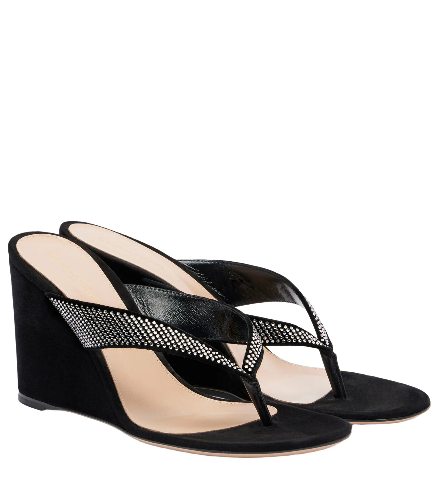 Crystal-embellished suede wedge thong sandals Crystal-embellished suede wedge thong sandals