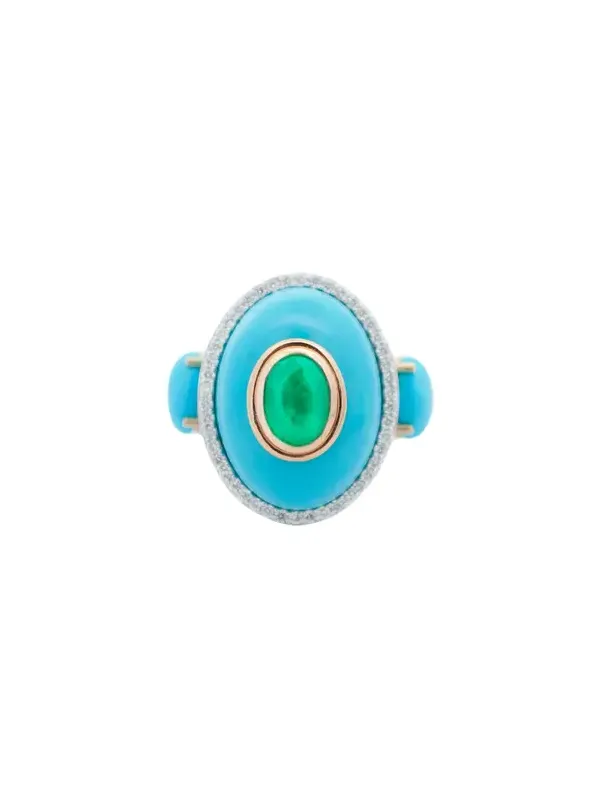 18 kt Ring with Turquoise 24,05 ctsEmerald 5,15 cts and Diamond 0,361 ctsgrams 6,81