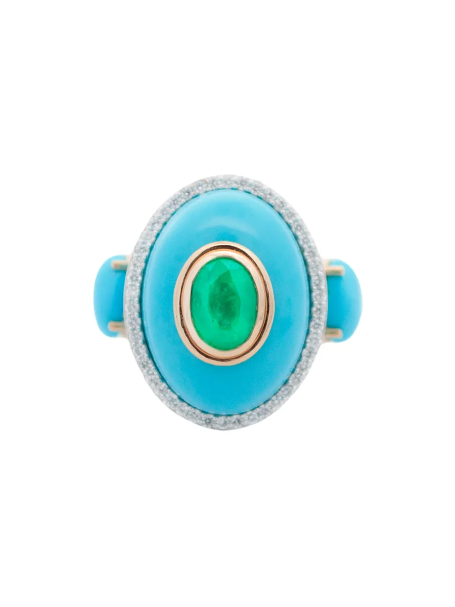 18 kt Ring with Turquoise 24,05 ctsEmerald 5,15 cts and Diamond 0,361 ctsgrams 6,81