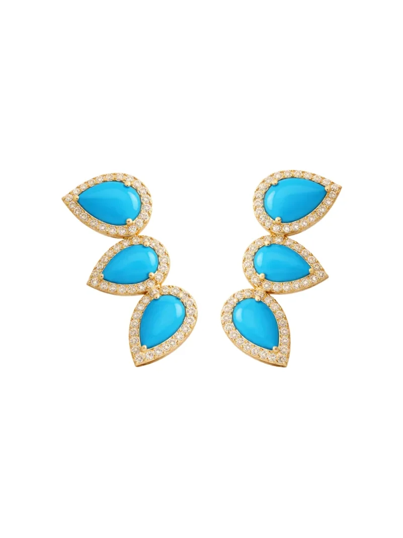 3.06ct Diamond Turquoise 14K Gold Climber Earrings 3.06ct Diamond Turquoise 14K Gold Climber Earrings