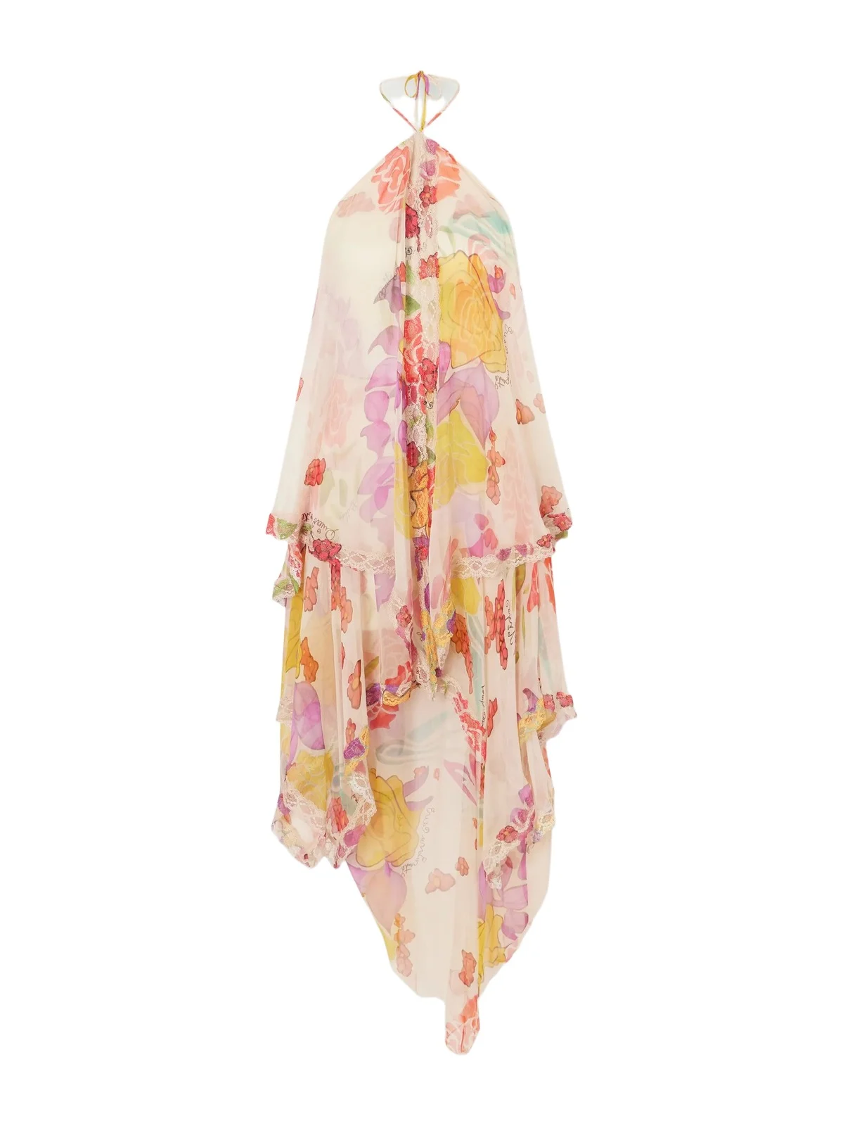 Flores Ruffled Asymmetric Lace-trimmed Silk-chiffon Halterneck Maxi Dress Flores Ruffled Asymmetric Lace-trimmed Silk-chiffon Halterneck Maxi Dress