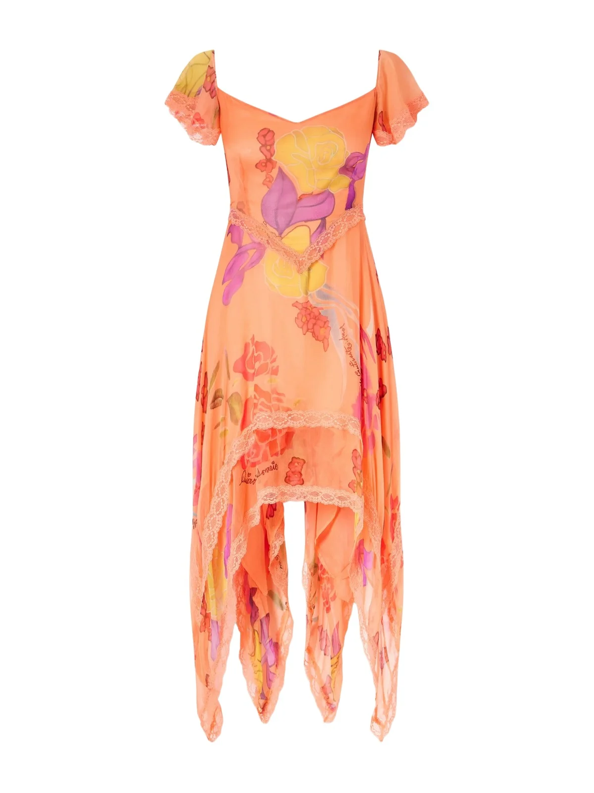 Guava Flores Ruffled Asymmetric Lace-trimmed Silk-chiffon Midi Dress Guava Flores Ruffled Asymmetric Lace-trimmed Silk-chiffon Midi Dress