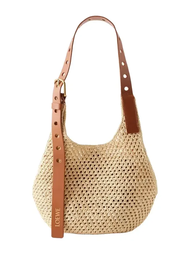 + Paula's Ibiza The Punch Hole Leather-trimmed Raffia Shoulder Bag
