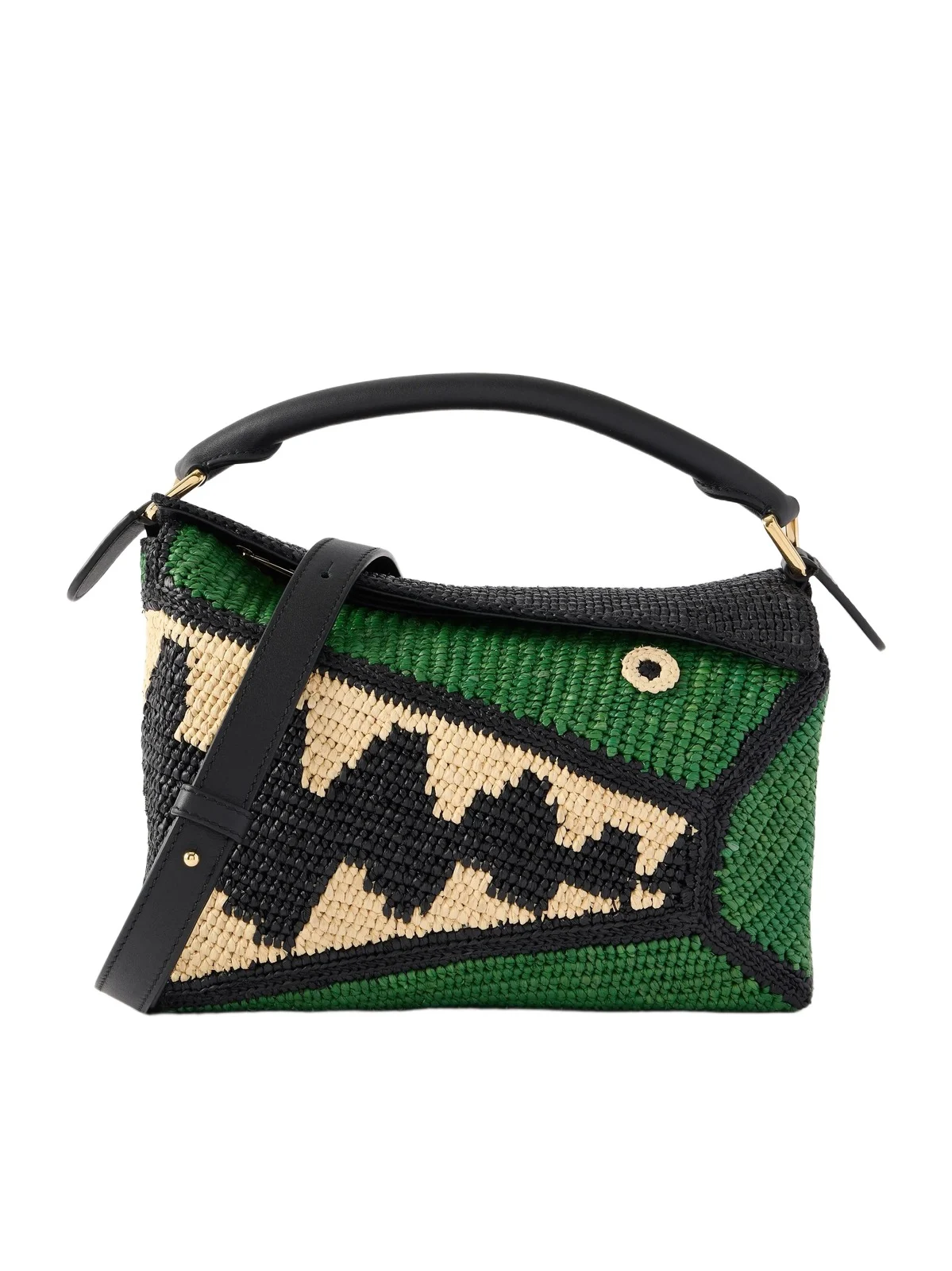 + Paula's Ibiza Puzzle Edge Crocodile Leather-trimmed Raffia Shoulder Bag