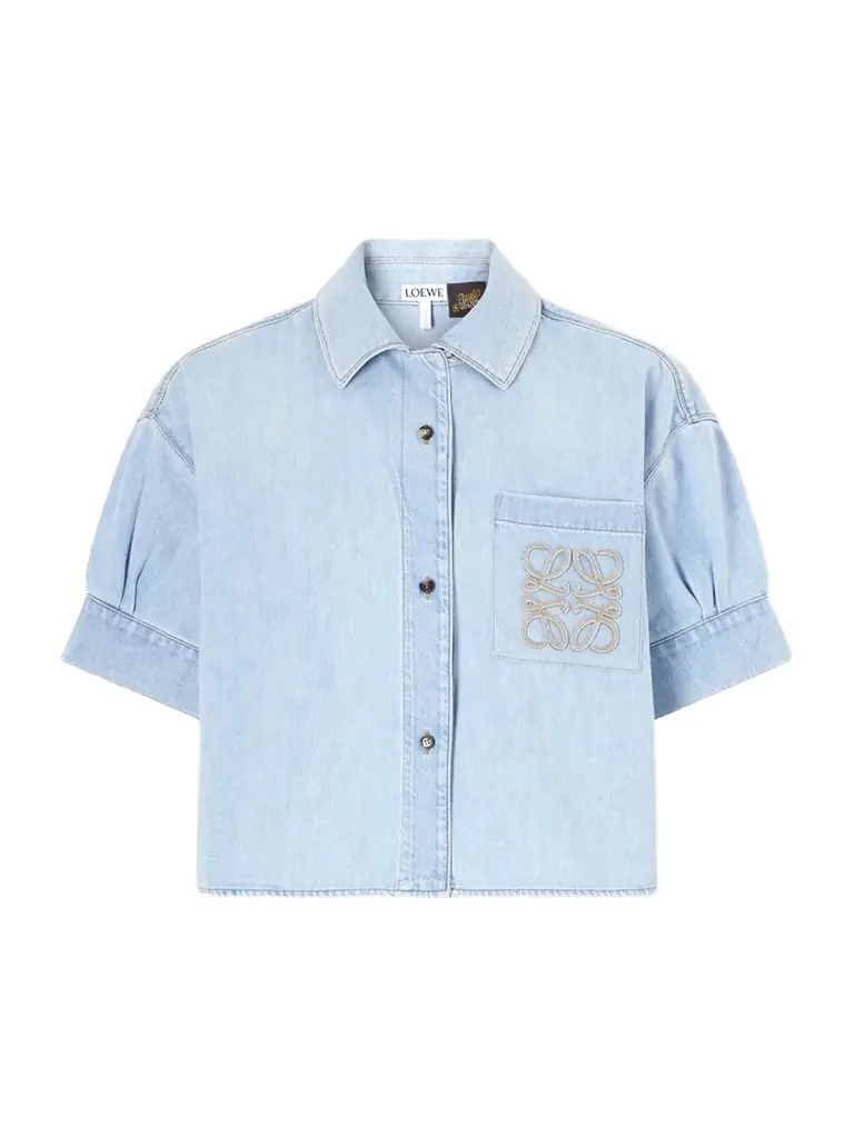 + Paula’s Ibiza Anagram Embroidered Cropped Denim Shirt