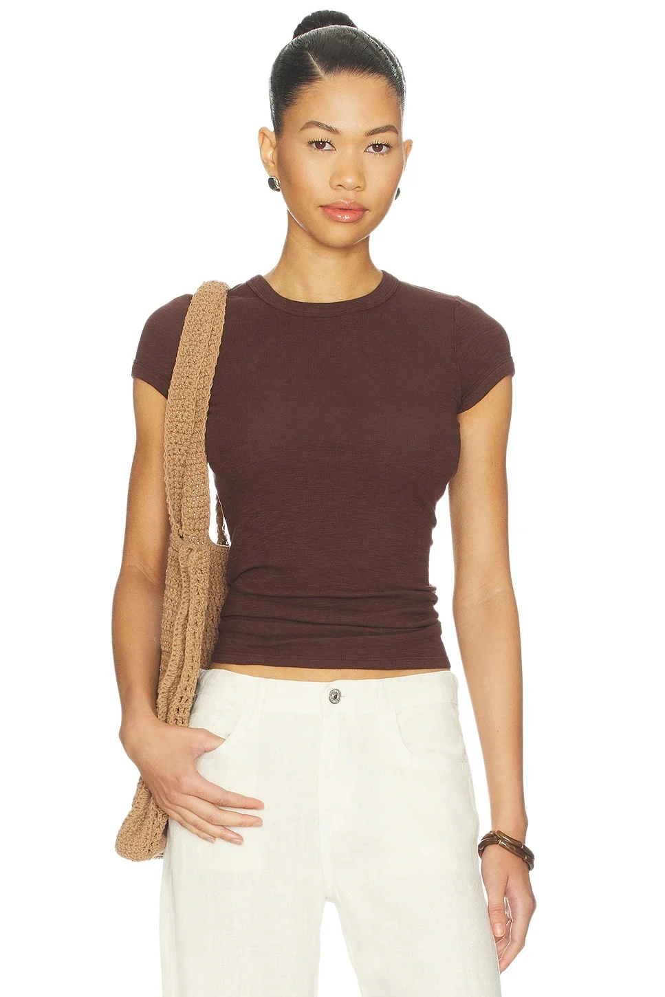 ENZA COSTA Textured Rib Cap Sleeve Crew