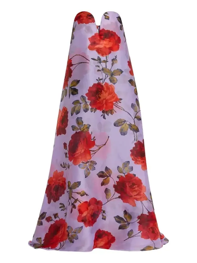 Plunging Strapless Rosette-Print Silk Chiffon Gown