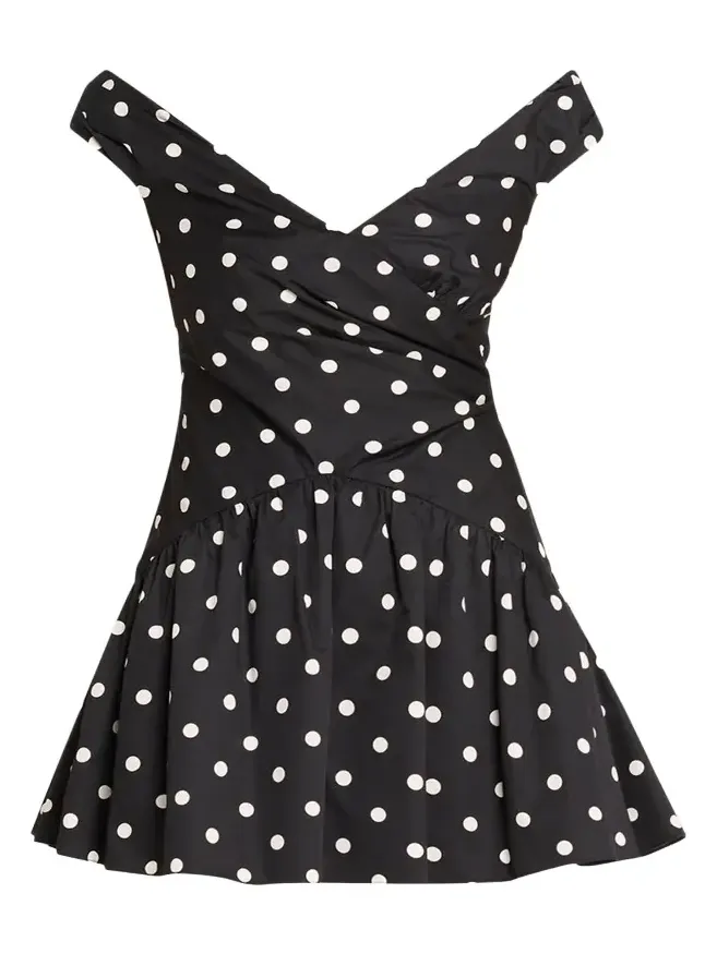 Self-Portrait Polka-Dot Gathered Off-Shoulder Mini Dress
