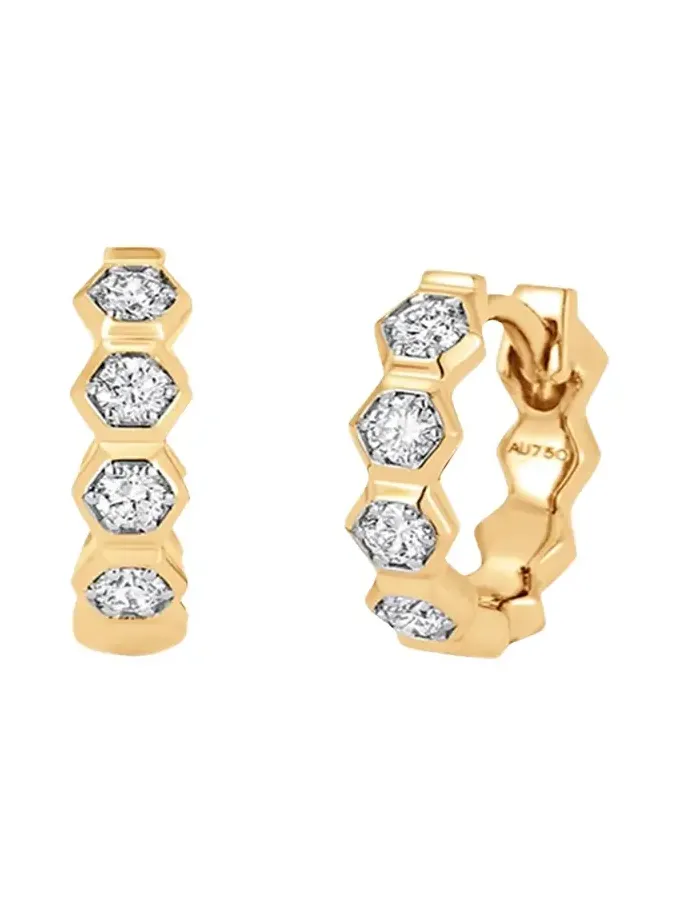 Honey Comb 18K Gold & Diamond Huggie Earrings Honey Comb 18K Gold & Diamond Huggie Earrings