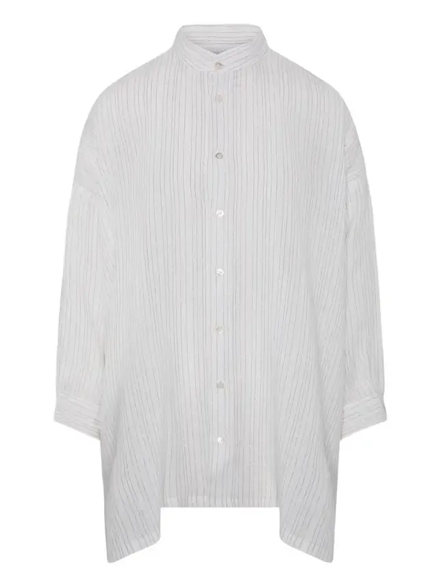 Metallic Linen Wide A-Line Collarless Shirt - Long Plus Length
