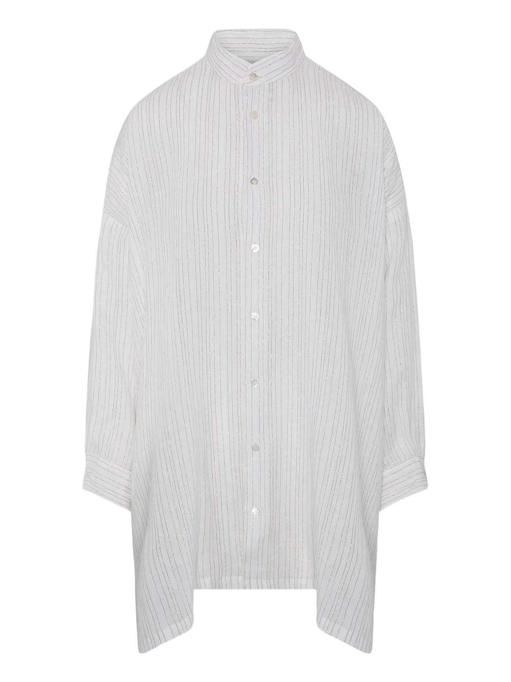 Metallic Linen Wide A-Line Collarless Shirt - Long Plus Length Metallic Linen Wide A-Line Collarless Shirt - Long Plus Length