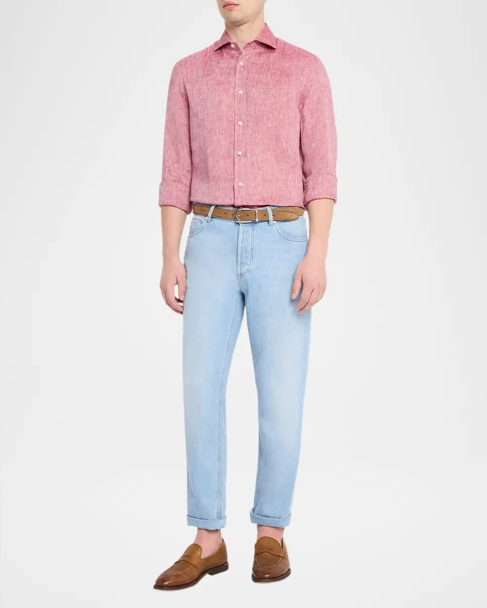 Brunello Cucinelli Men's Light-Wash Denim Tapered-Leg Jeans | Thumbnail 2 Brunello Cucinelli Men's Light-Wash Denim Tapered-Leg Jeans | Thumbnail 2