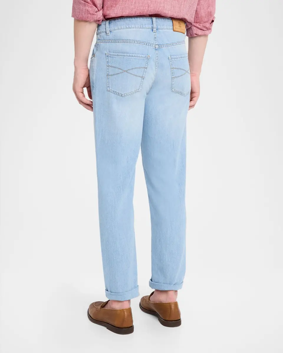 Brunello Cucinelli Men's Light-Wash Denim Tapered-Leg Jeans | Thumbnail 3 Brunello Cucinelli Men's Light-Wash Denim Tapered-Leg Jeans | Thumbnail 3