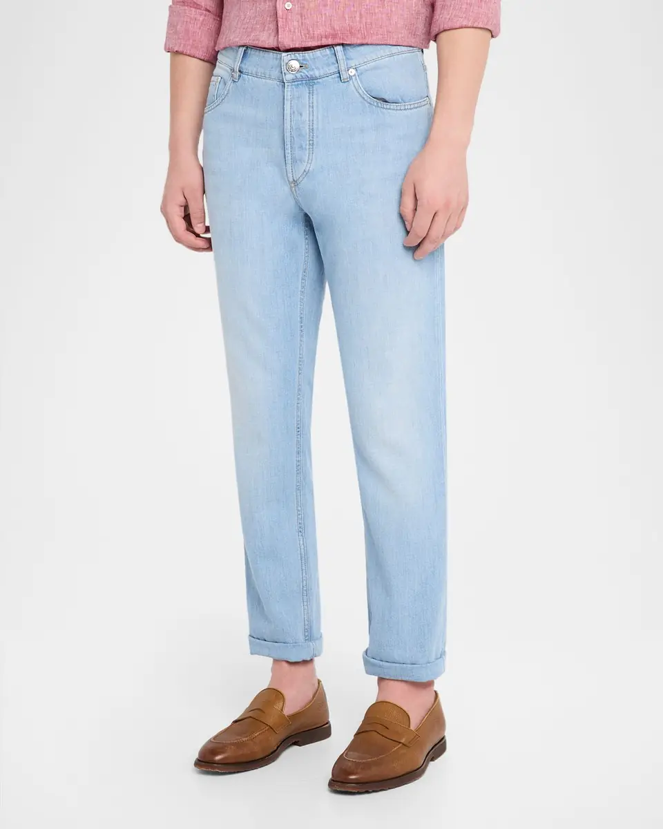 Brunello Cucinelli Men's Light-Wash Denim Tapered-Leg Jeans | Thumbnail 4 Brunello Cucinelli Men's Light-Wash Denim Tapered-Leg Jeans | Thumbnail 4