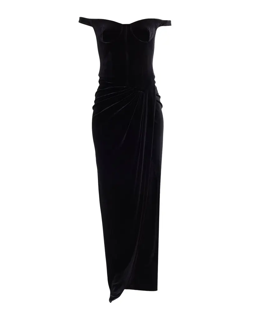 Off-The-Shoulder Velvet Bustier Draped Maxi Dress Off-The-Shoulder Velvet Bustier Draped Maxi Dress