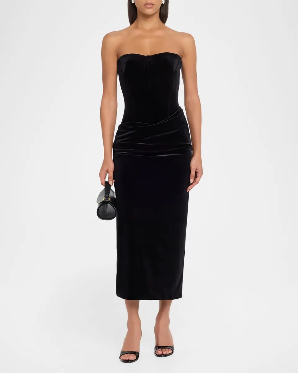 Alex Perry Strapless Velvet Draped Bustier Midi Dress | Thumbnail 2