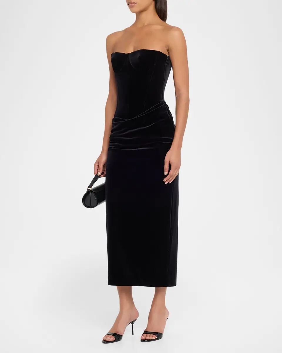 Alex Perry Strapless Velvet Draped Bustier Midi Dress | Thumbnail 4