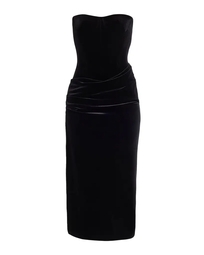 Strapless Velvet Draped Bustier Midi Dress
