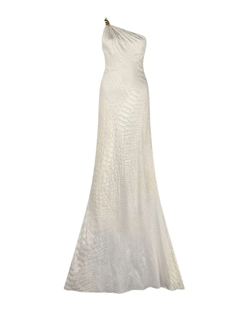 Serpentine-Print Silk One-Shoulder Maxi Dress