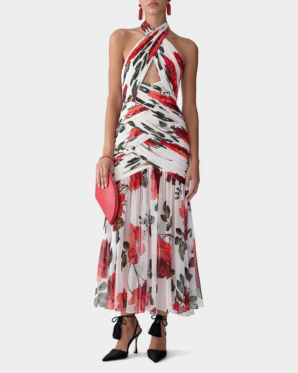 Carolina Herrera Crisscross Ruched Rose Chiffon Halter Gown | Thumbnail 2 Carolina Herrera Crisscross Ruched Rose Chiffon Halter Gown | Thumbnail 2