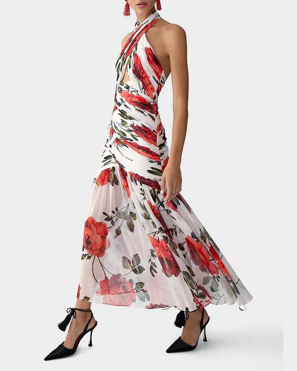 Carolina Herrera Crisscross Ruched Rose Chiffon Halter Gown | Thumbnail 4 Carolina Herrera Crisscross Ruched Rose Chiffon Halter Gown | Thumbnail 4