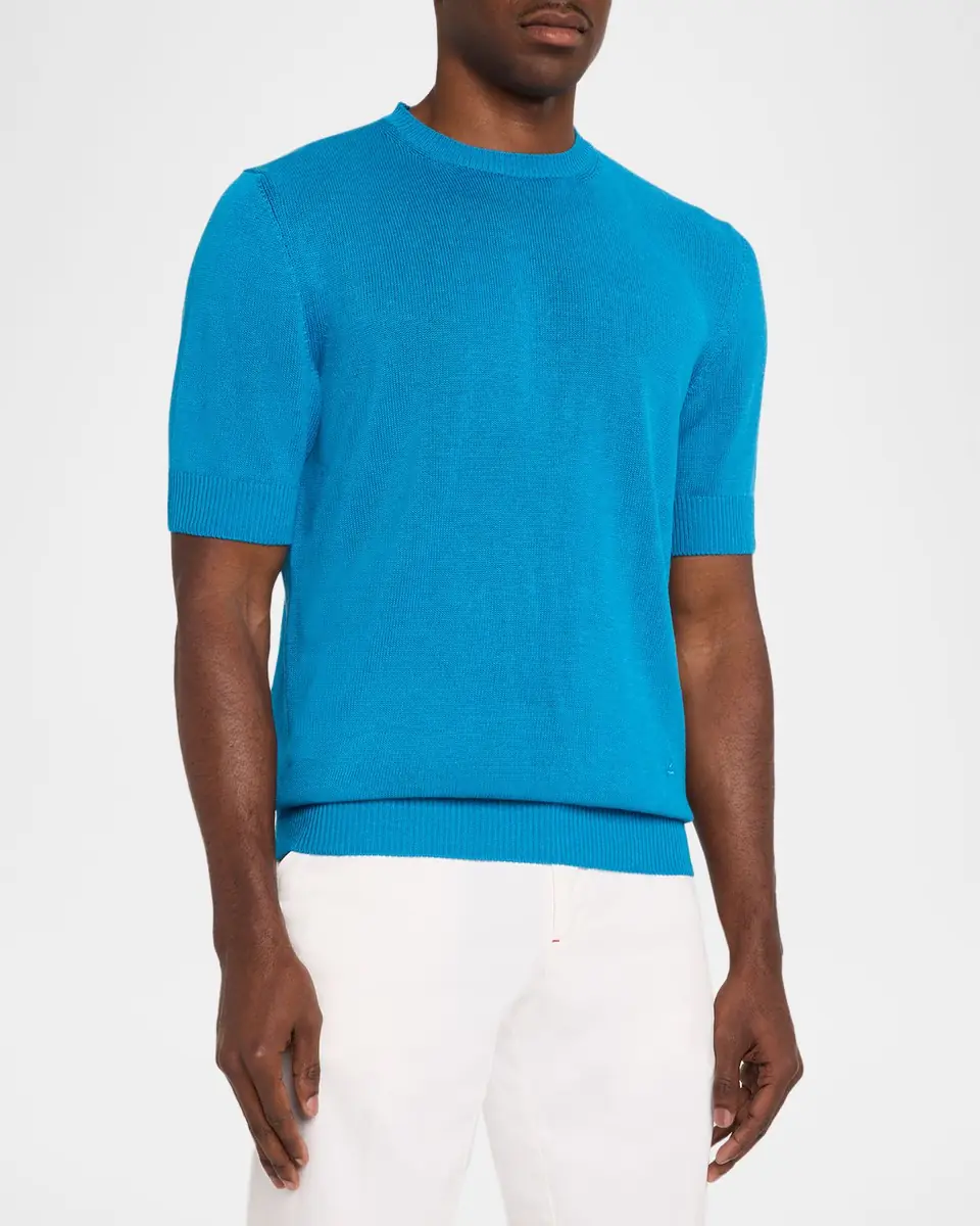 Isaia Men's Linen-Silk Short-Sleeve Shirt, Teal | Thumbnail 3 Isaia Men's Linen-Silk Short-Sleeve Shirt, Teal | Thumbnail 3
