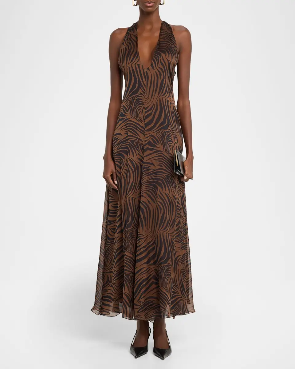 Max Mara Studio Alice Zebra-Print Silk Halter Maxi Dress | Thumbnail 2 Max Mara Studio Alice Zebra-Print Silk Halter Maxi Dress | Thumbnail 2