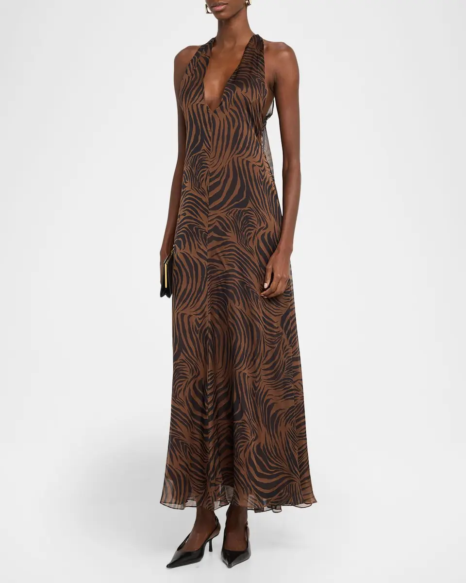 Max Mara Studio Alice Zebra-Print Silk Halter Maxi Dress | Thumbnail 4 Max Mara Studio Alice Zebra-Print Silk Halter Maxi Dress | Thumbnail 4