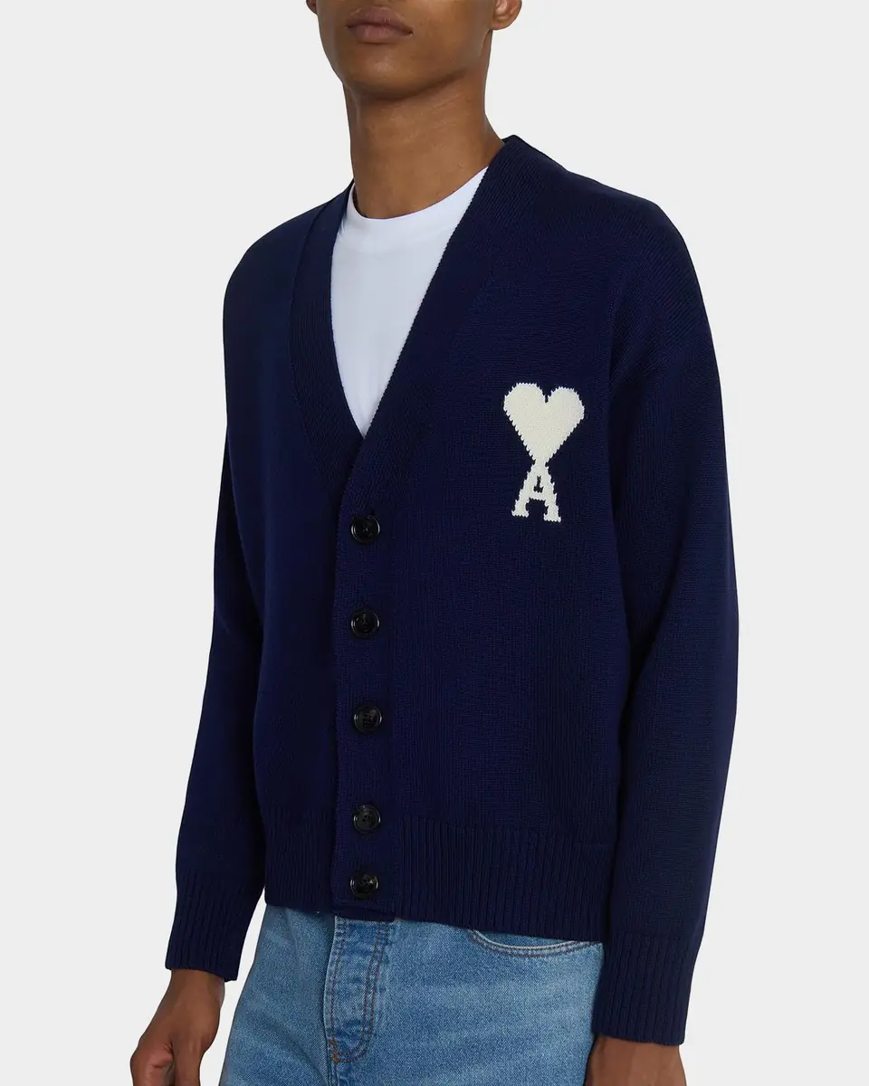 Ami Paris Men's Intarsia Ami De Coeur Wool and Cotton Knit Cardigan | Thumbnail 4 Ami Paris Men's Intarsia Ami De Coeur Wool and Cotton Knit Cardigan | Thumbnail 4