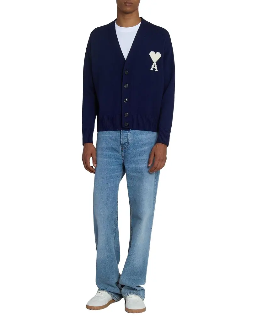 Ami Paris Men 's Intarsia Ami De Coeur Wool and Cotton Knit Cardigan | Image 1 Ami Paris Men 's Intarsia Ami De Coeur Wool and Cotton Knit Cardigan | Image 1