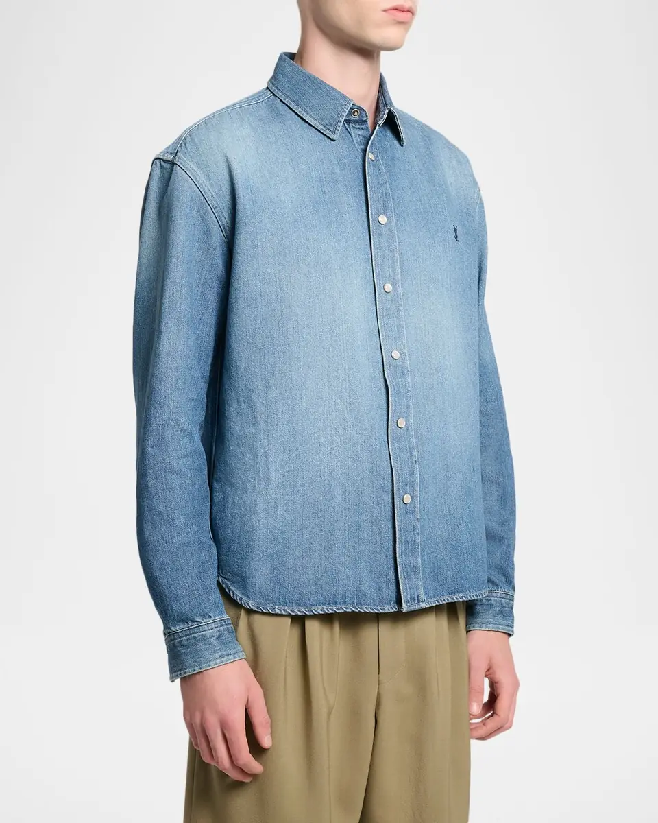 Saint Laurent Men's Colorado Embroidered Cassandre Snap-Front Denim Shirt | Thumbnail 3 Saint Laurent Men's Colorado Embroidered Cassandre Snap-Front Denim Shirt | Thumbnail 3