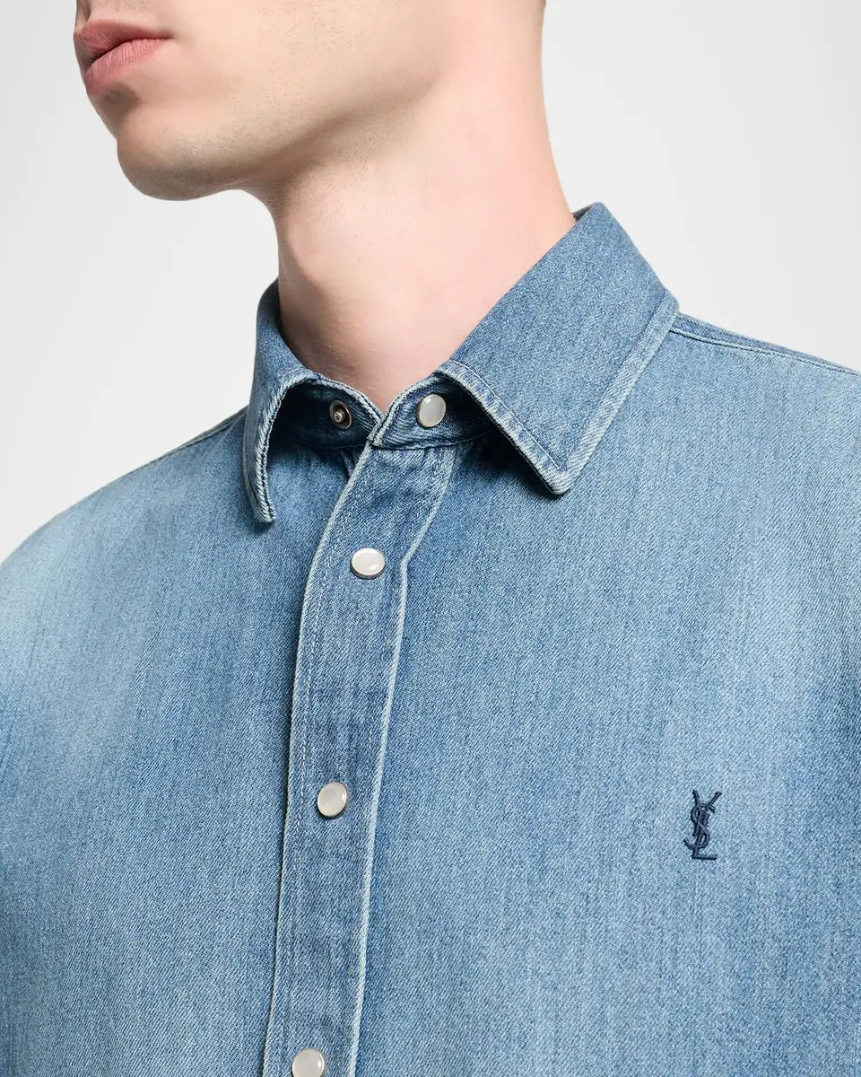 Saint Laurent Men's Colorado Embroidered Cassandre Snap-Front Denim Shirt | Thumbnail 4 Saint Laurent Men's Colorado Embroidered Cassandre Snap-Front Denim Shirt | Thumbnail 4