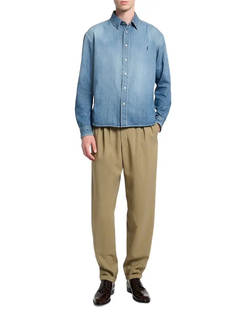 Saint Laurent Men 's Colorado Embroidered Cassandre Snap-Front Denim Shirt | Image 1 Saint Laurent Men 's Colorado Embroidered Cassandre Snap-Front Denim Shirt | Image 1