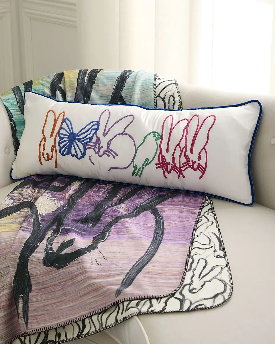 Hunt Slonem Menagerie Embroidered Silk & Velvet Pillow, 14" x 36" | Thumbnail 2 Hunt Slonem Menagerie Embroidered Silk & Velvet Pillow, 14" x 36" | Thumbnail 2